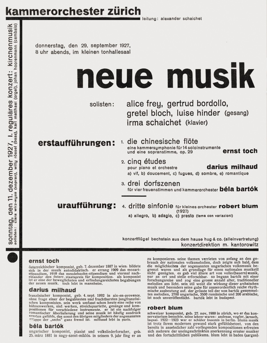 Konzertprogramm Kammerorchester Zürich vom 29. Sept. 1927 in der Tonhalle Zürich, Kleiner Saal
