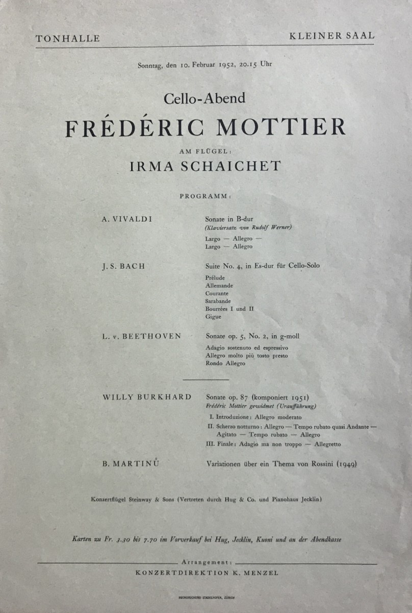 World premiere of Willy Burkhard's Sonata op. 87 with Frédéric Mottier.